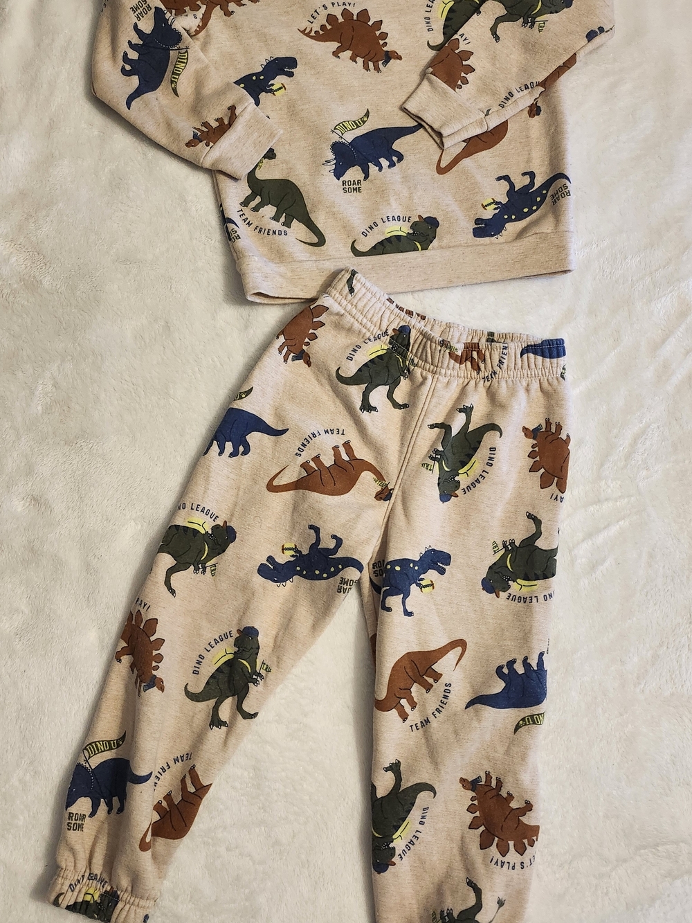 Kids Beige Dinosaur Sweatsuit Set - Comfortable Dino Print
